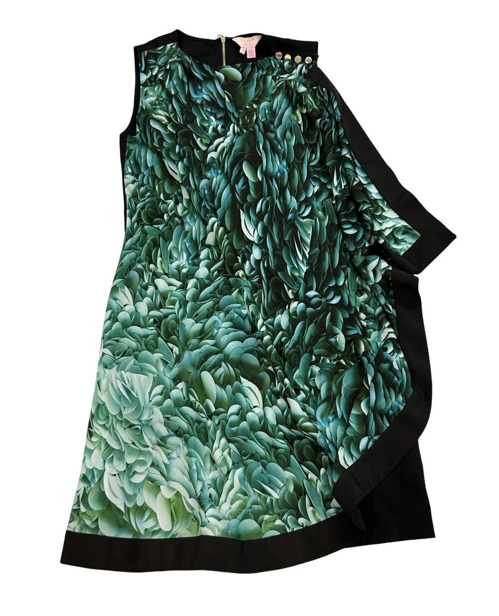 Ted Baker Bodycon Dress Size 1 US 4 Green Leaves Print & Black Patra Rosette